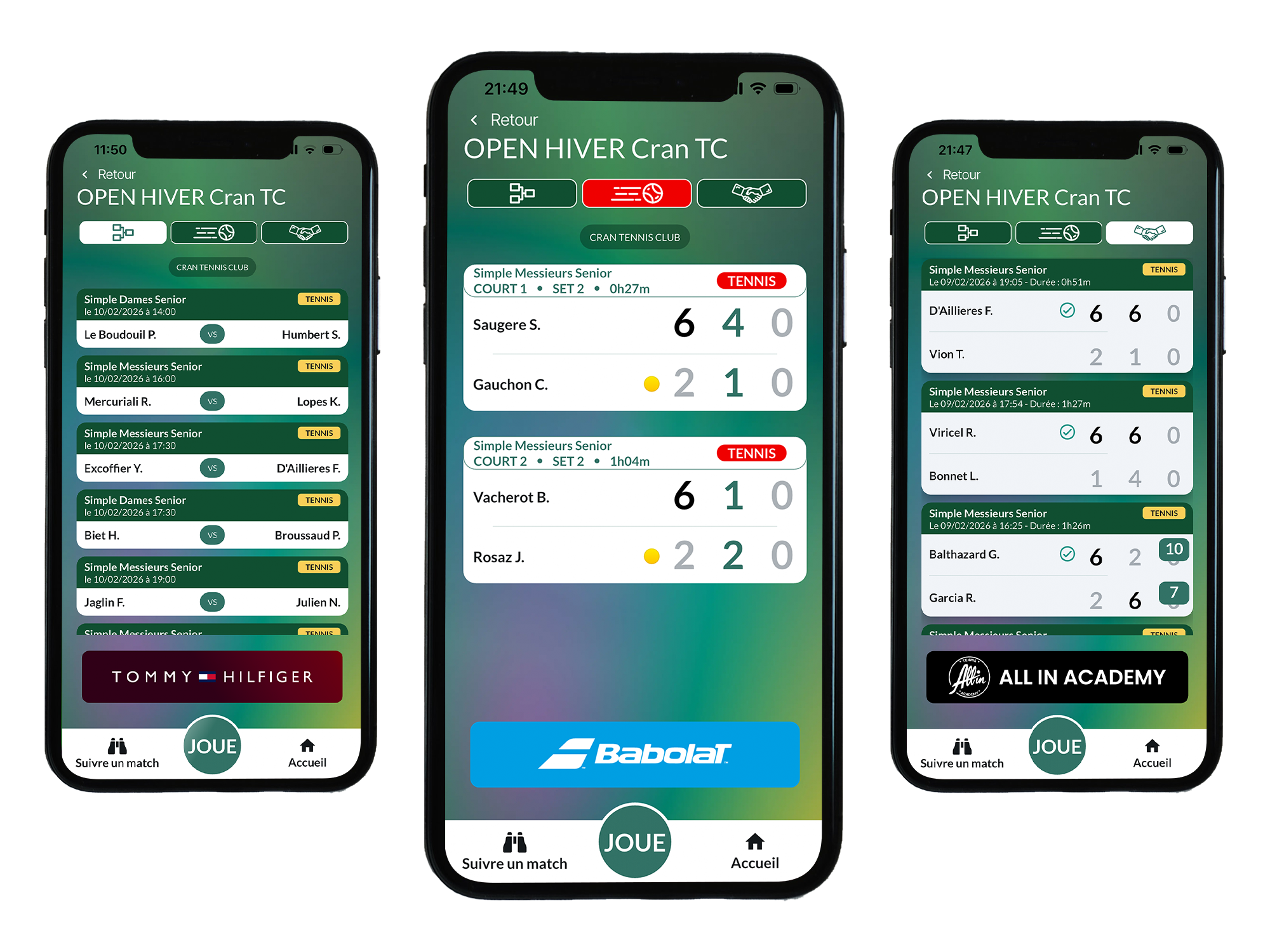 Trois ecrans de l'application S'MATCHS! affichant un score de match